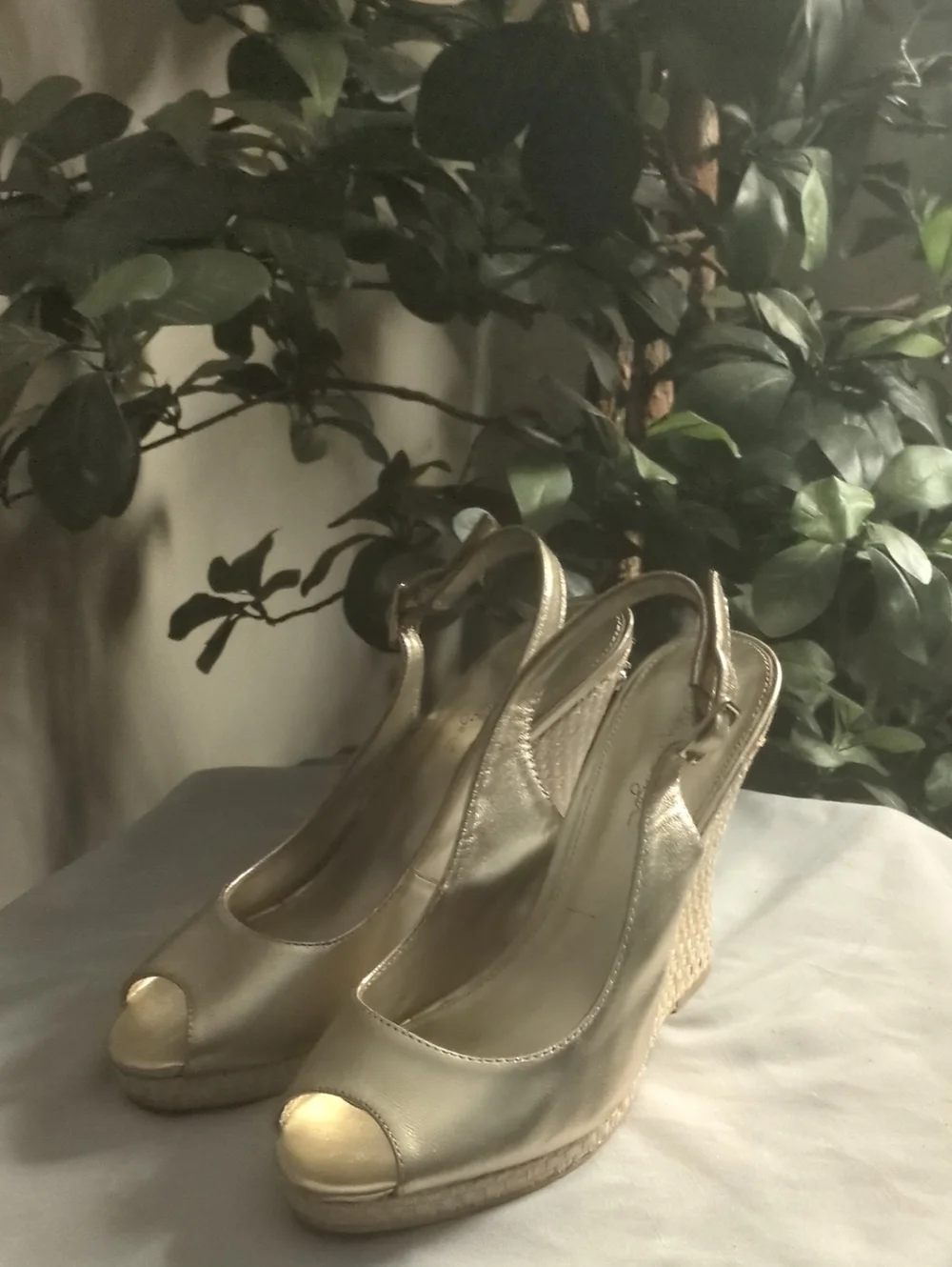 Lilly Pulitzer Gold Peep-Toe Wedge Slingback Heels